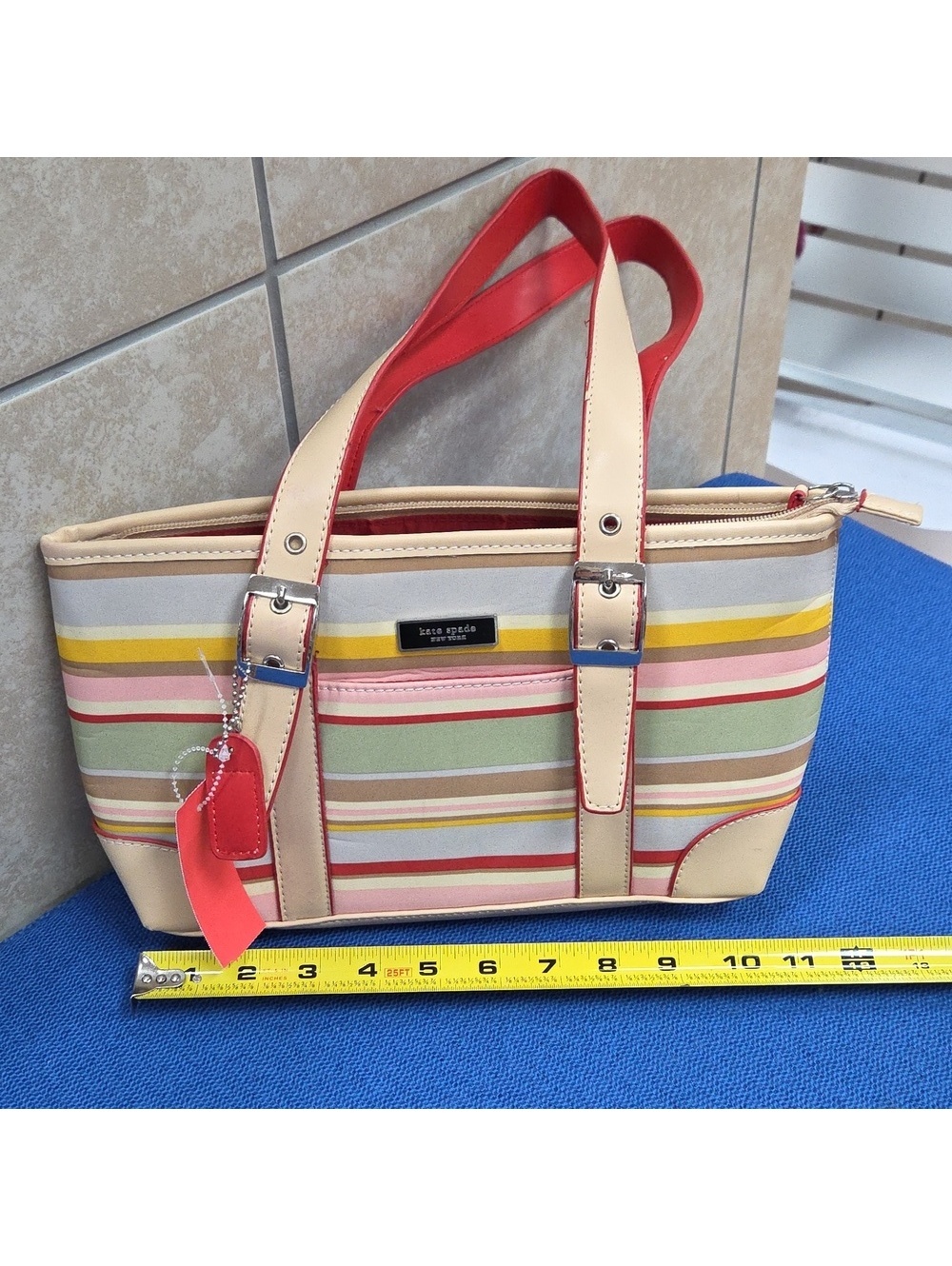 Kate Spade New York Striped Tote Handbag Canvas Leather Shoulder Bag Multicolor